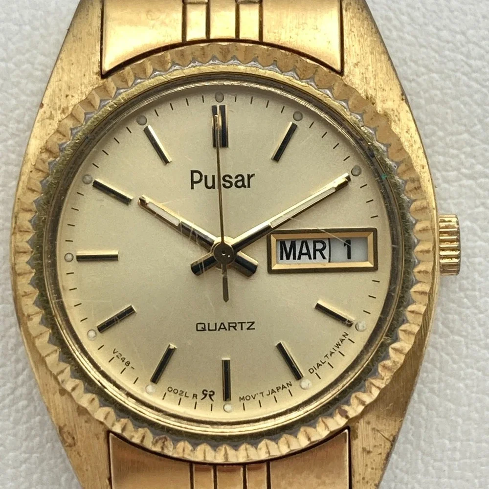 Vtg Pulsar Women's Watch 24mm Gold Tone V248-0020 Day Date New Battery SMALL 6
